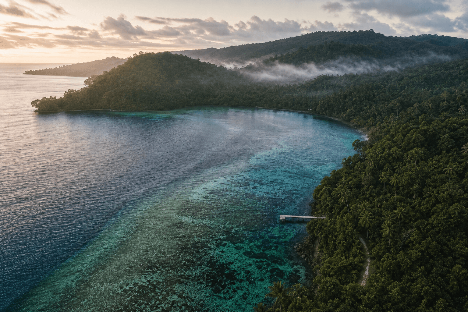 Aerial landscape of a forested tropical bay and reef coastline