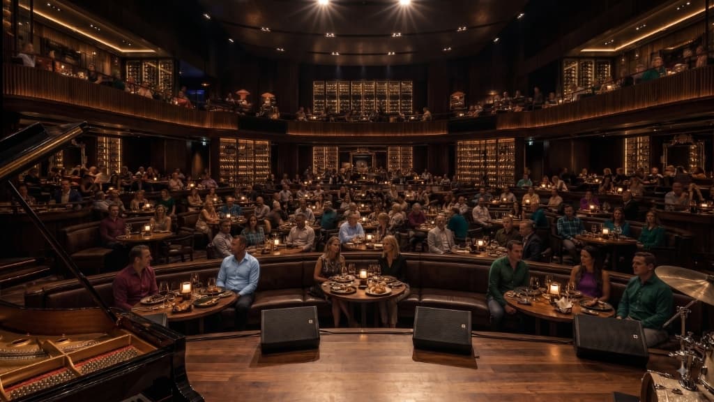 View from the stage looking over guests dining at circular leather booths during a live performance