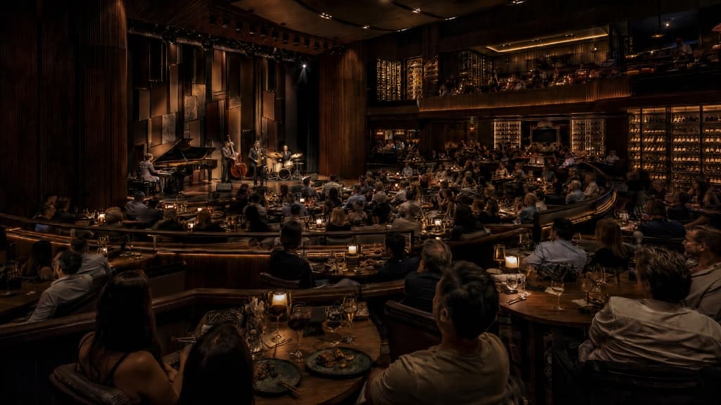 Intimate room composition bringing together music, cellar, and guest seating