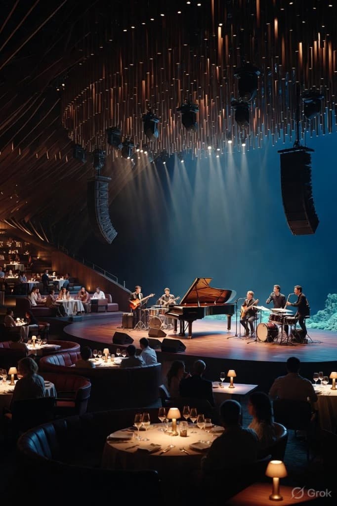 Stage visual showing acoustic ceiling architecture and marine backdrop